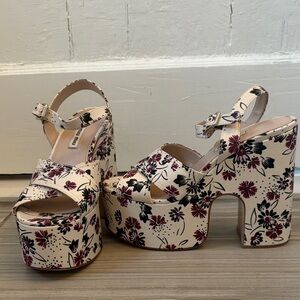 Miu Miu Cream and Black Floral Gabardine Sandals